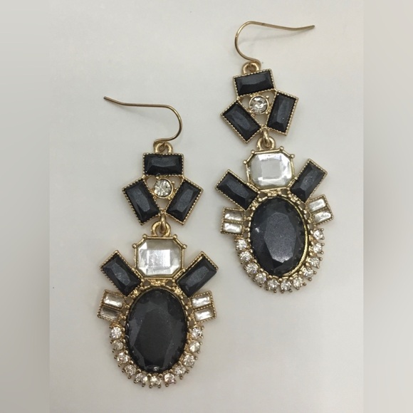 LARGE GOLDTONE BLACK CABOCHON  CLEAR RHINESTONE PIERCED HOOK LONG EARRINGS - Picture 1 of 1